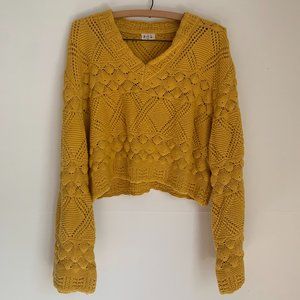 Mustard Yellow Crochet Cropped Sweater with Flare-sleeves, Size small